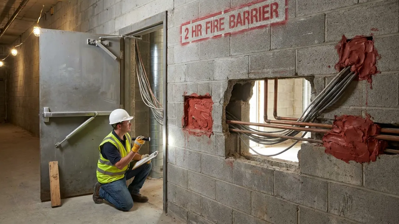 Unfinished service corridor with a grey concrete block wall stencilled 2 HR FIRE BARRIER, cables and pipes passing through partly sealed holes, a fire door wedged open, and an inspector in a hi-vis vest checking an unsealed penetration