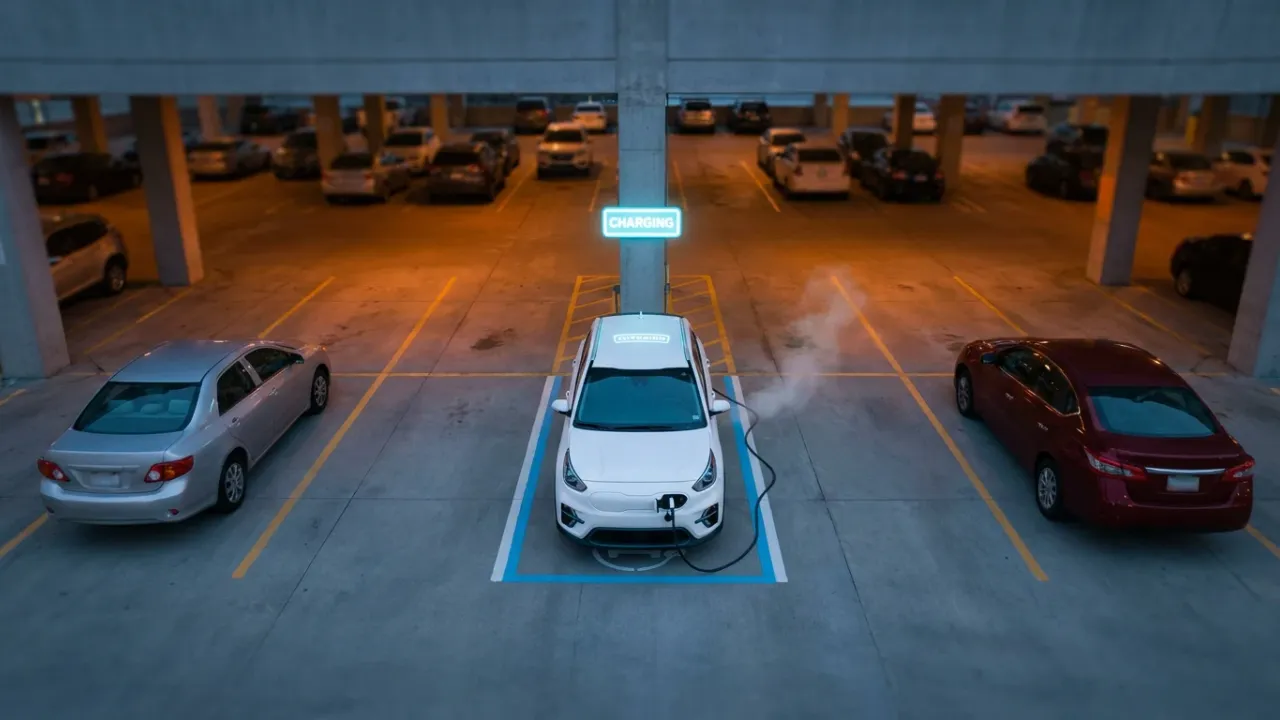 Wide overhead photograph of an open multi-storey car park at dusk with a single white electric crossover parked in a marked EV charging bay glowing under a soft blue LED sign that reads CHARGING — beside it sit two ordinary silver and red gasoline sedans; a gentle wisp of pale white vapour curls from the rear wheel arch of the EV while the petrol cars sit silent — the calm neutral framing emphasises that EV fires happen far less often than gas car fires yet remain operationally harder to fight