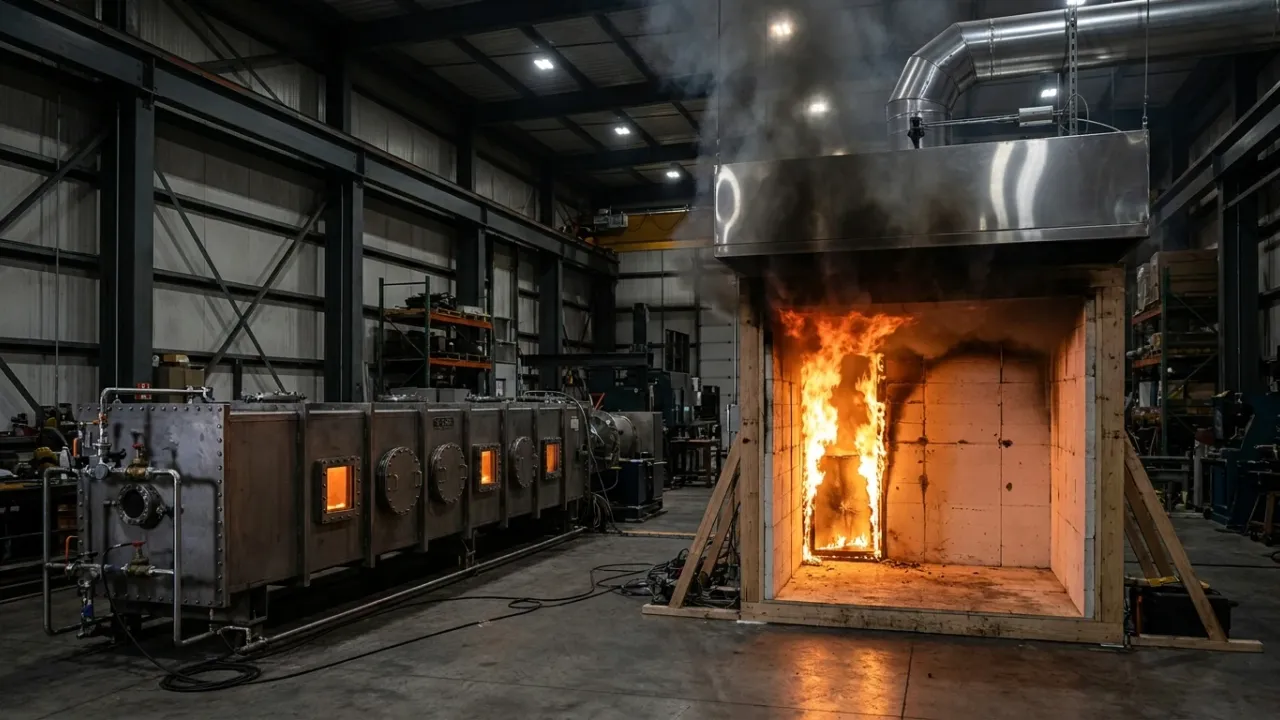 A fire research hall with the two rivals side by side: the long horizontal steel duct of an ASTM E84 Steiner tunnel with small flames glowing behind its round observation windows, next to a full-scale ISO 9705 room corner test with flames rising from the corner burner and smoke pouring into a stainless-steel exhaust hood.