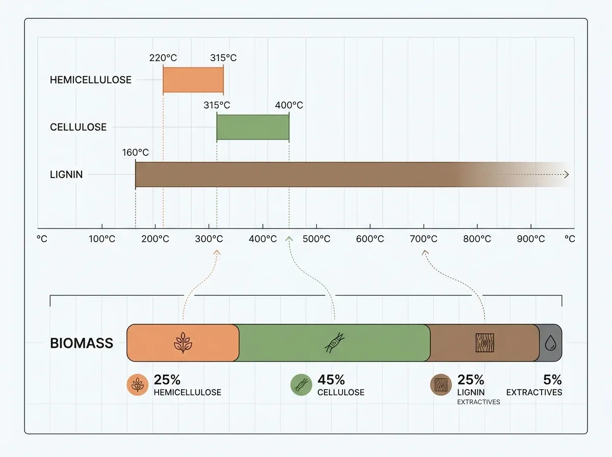 A horizontal bar chart showing breakdown temperature ranges for hemicellulose (220–315 °C, orange), cellulose (315–400 °C, green), and lignin (160–900 °C, brown), with a stacked bar below showing typical biomass composition of ~25% hemicellulose, ~45% cellulose, ~25% lignin, and ~5% extractives, and arrows indicating the primary products from each component