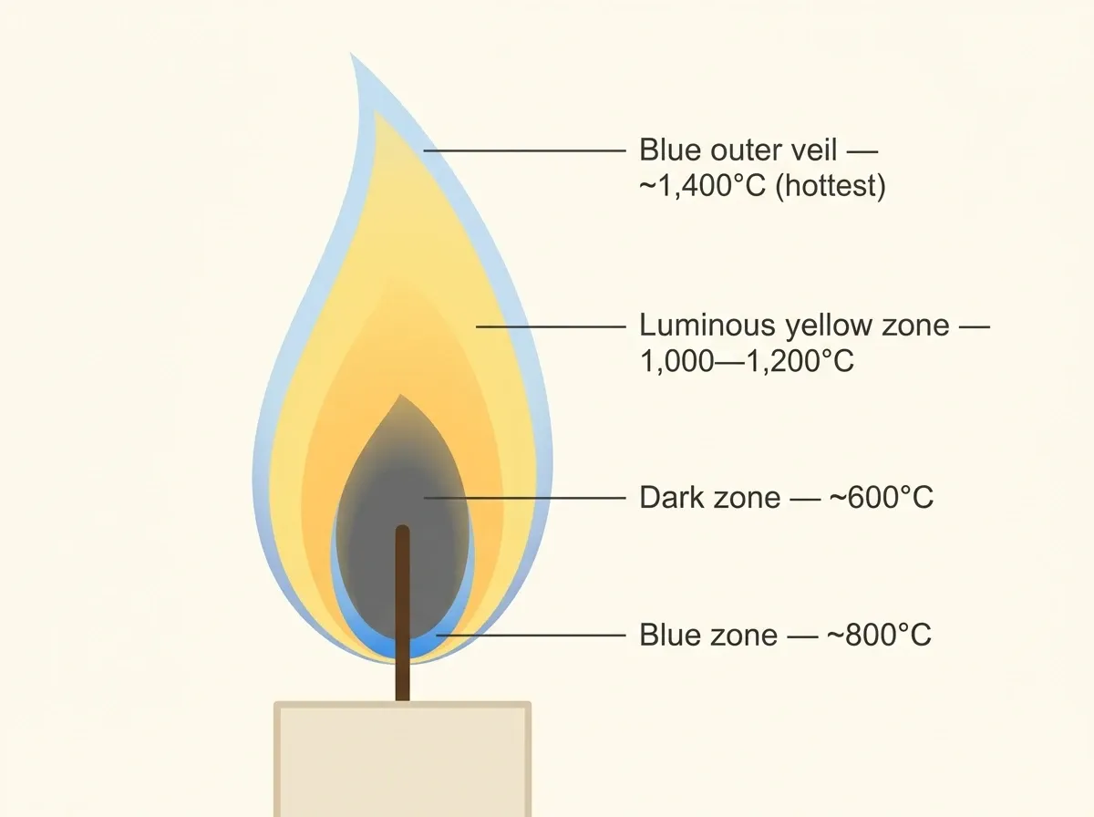 Cross-section of a candle flame showing four zones — the dark zone near the wick at 600°C, the blue zone at the base at 800°C, the luminous yellow zone with incandescent soot at 1,000–1,200°C, and the faint blue outer veil at 1,400°C
