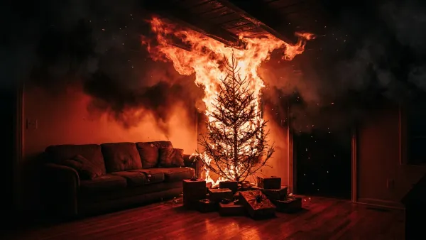 A dried-out Christmas tree in a dark living room engulfed in fierce orange flames that climb to the ceiling, with thick black smoke spreading overhead and a warm glow falling on a sofa and wrapped gifts below — the start of a flashover.