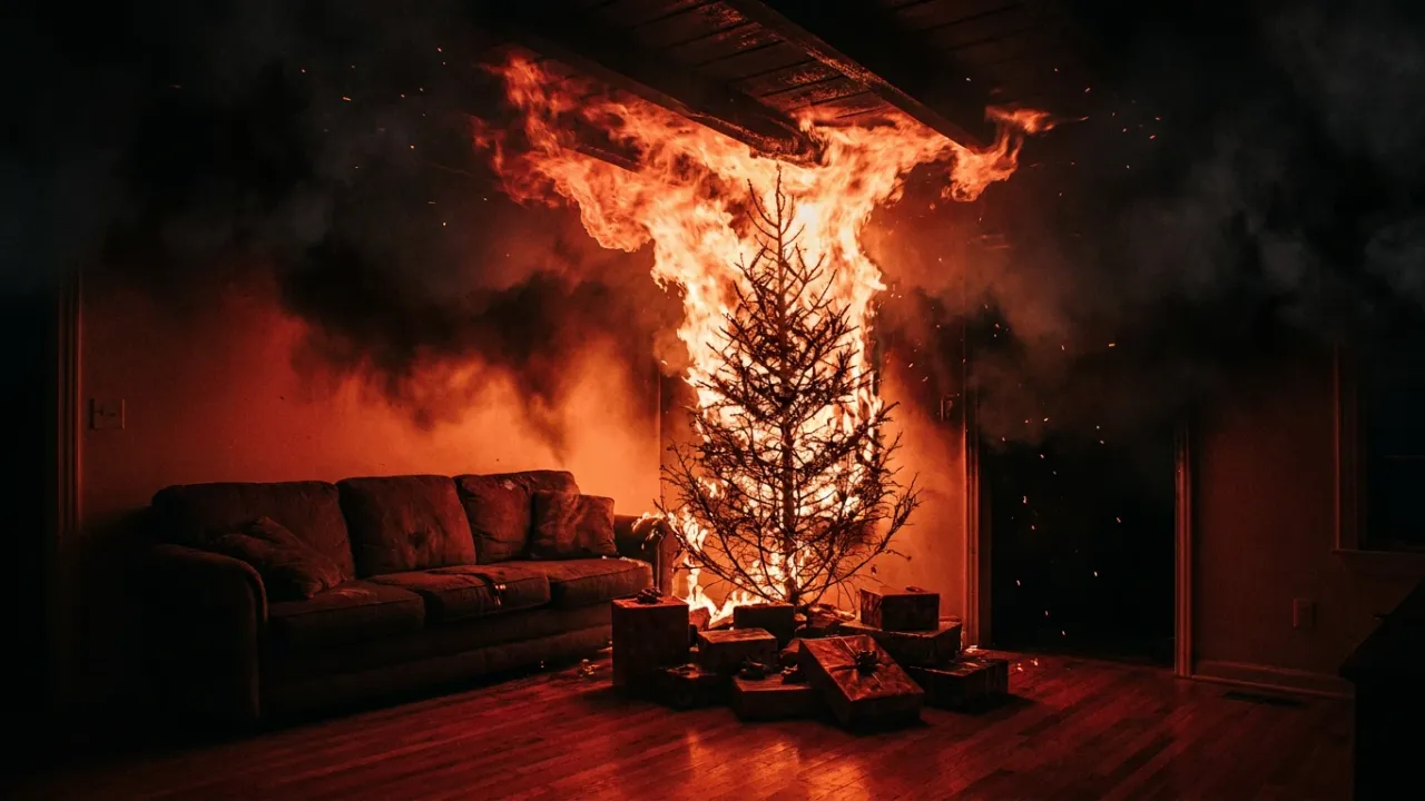 A dried-out Christmas tree in a dark living room engulfed in fierce orange flames that climb to the ceiling, with thick black smoke spreading overhead and a warm glow falling on a sofa and wrapped gifts below — the start of a flashover.