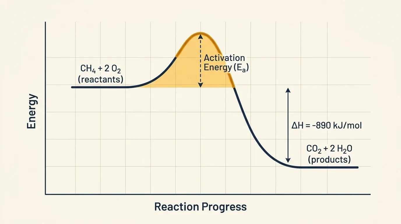 Energy diagram showing the activation energy barrier for combustion — reactants (fuel + O₂) at a higher energy state than products (CO₂ + H₂O), with the activation energy hump between them