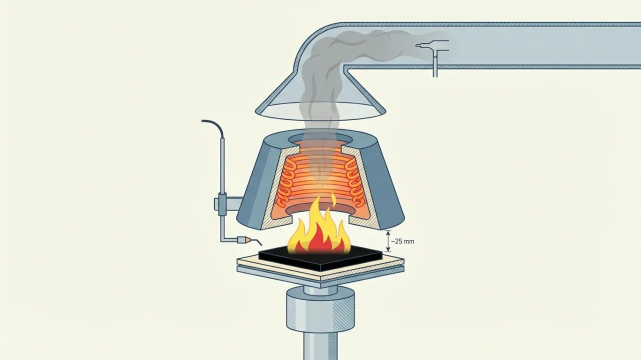 Cutaway of a cone calorimeter showing the truncated conical heater above a 100 mm specimen, spark igniter, exhaust duct, and oxygen analyser