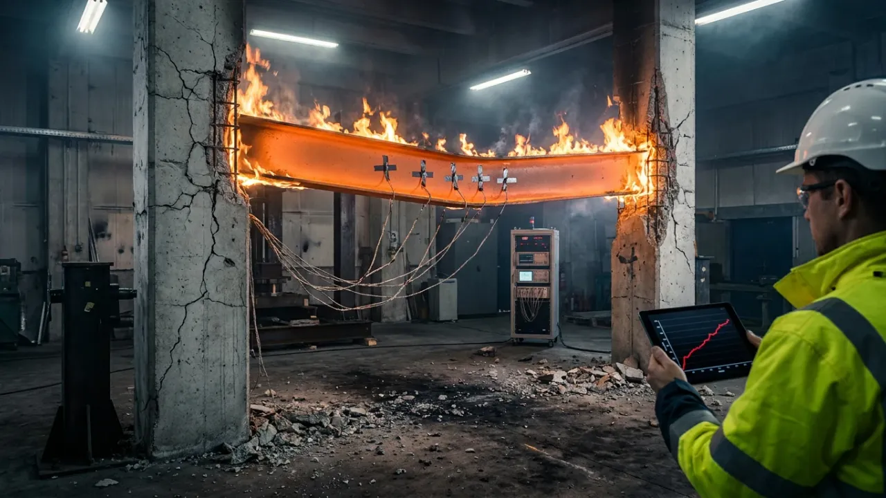 Structural fire test in a laboratory: an unprotected steel I-beam glows dull orange and sags between two concrete columns while flames run along its top flange, thermocouple wires trail from the web down to an instrument rack, fragments of spalled concrete and exposed reinforcing bars litter the floor around a cracked column, and a fire safety engineer in a hi-vis jacket and white hard hat watches a rising temperature trace on a tablet