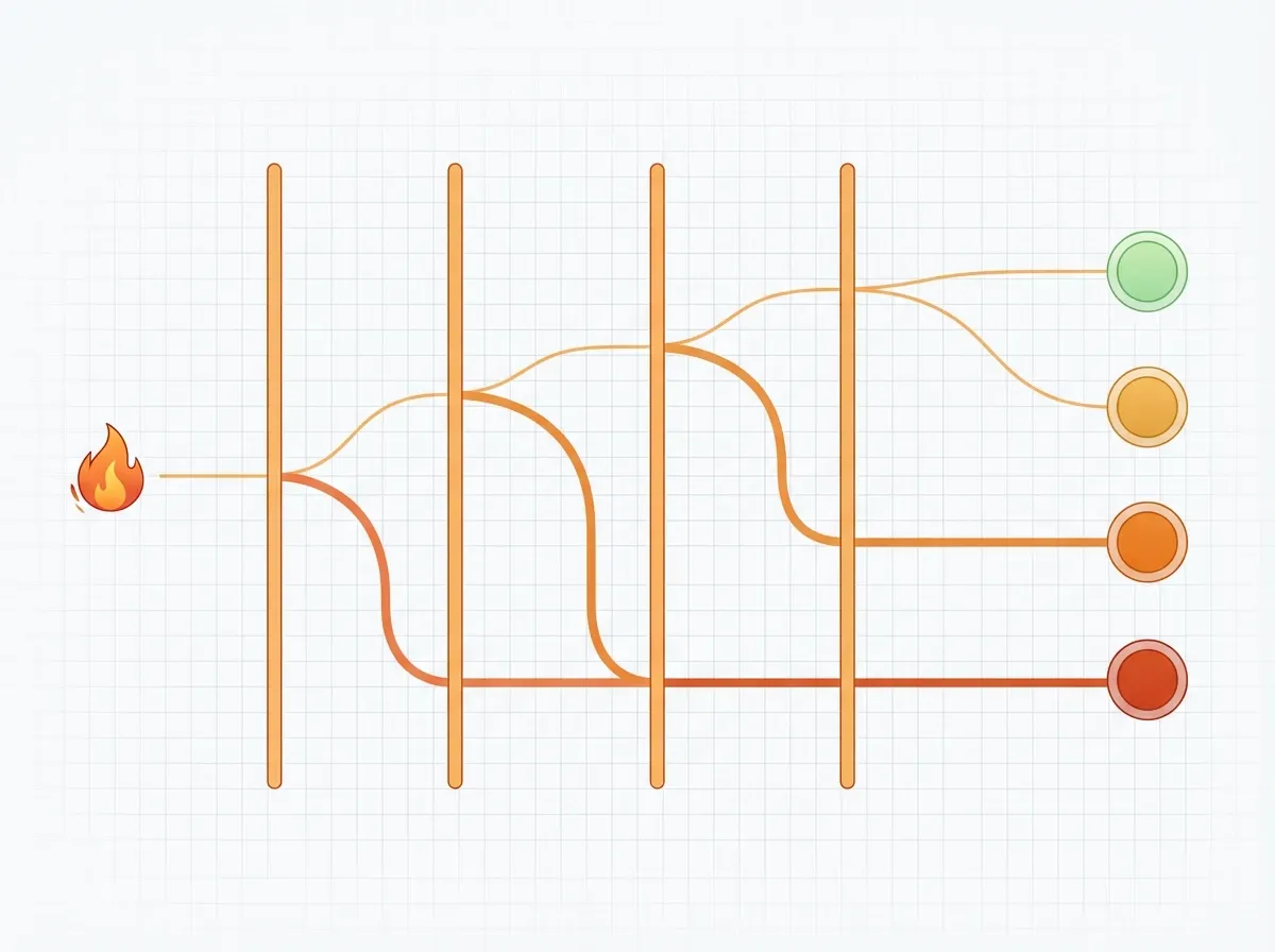 An event tree diagram — an ignition flame on the left flows through four vertical barriers that split the path into branches, ending in four colored outcome nodes from green to red representing severity
