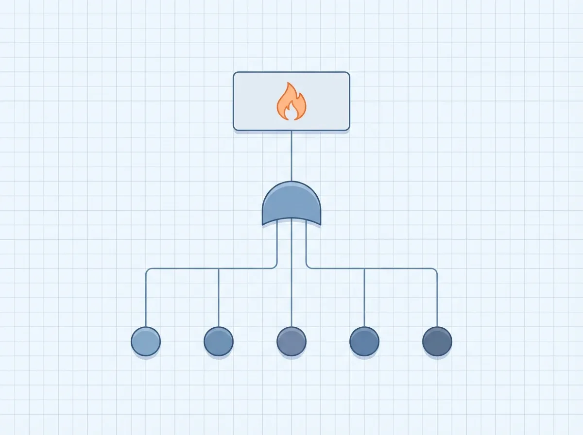 A simple fault tree diagram — a fire top event feeds into an OR gate, which connects to five basic-event nodes at the bottom representing independent failure modes