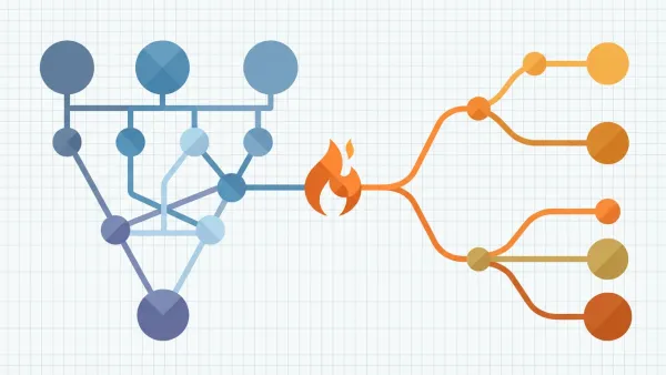 Bow-tie risk diagram for fire — blue fault tree of causes converging into a central flame, and an orange event tree branching outward into five outcomes