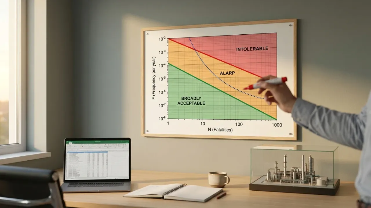 Modern fire-safety engineer's office at golden hour with a wall-mounted F-N curve chart — red intolerable zone above a downward-sloping diagonal, amber ALARP carpet in the middle, green broadly acceptable zone below, dotted plant curve descending through the carpet — and an engineer's hand pointing at the chart with a red marker