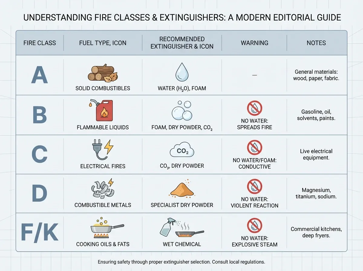 A visual table showing each fire class (A through K) with a fuel icon, recommended extinguisher type, and a prominent NEVER-use warning — for example, never use water on Class B, C, or D fires