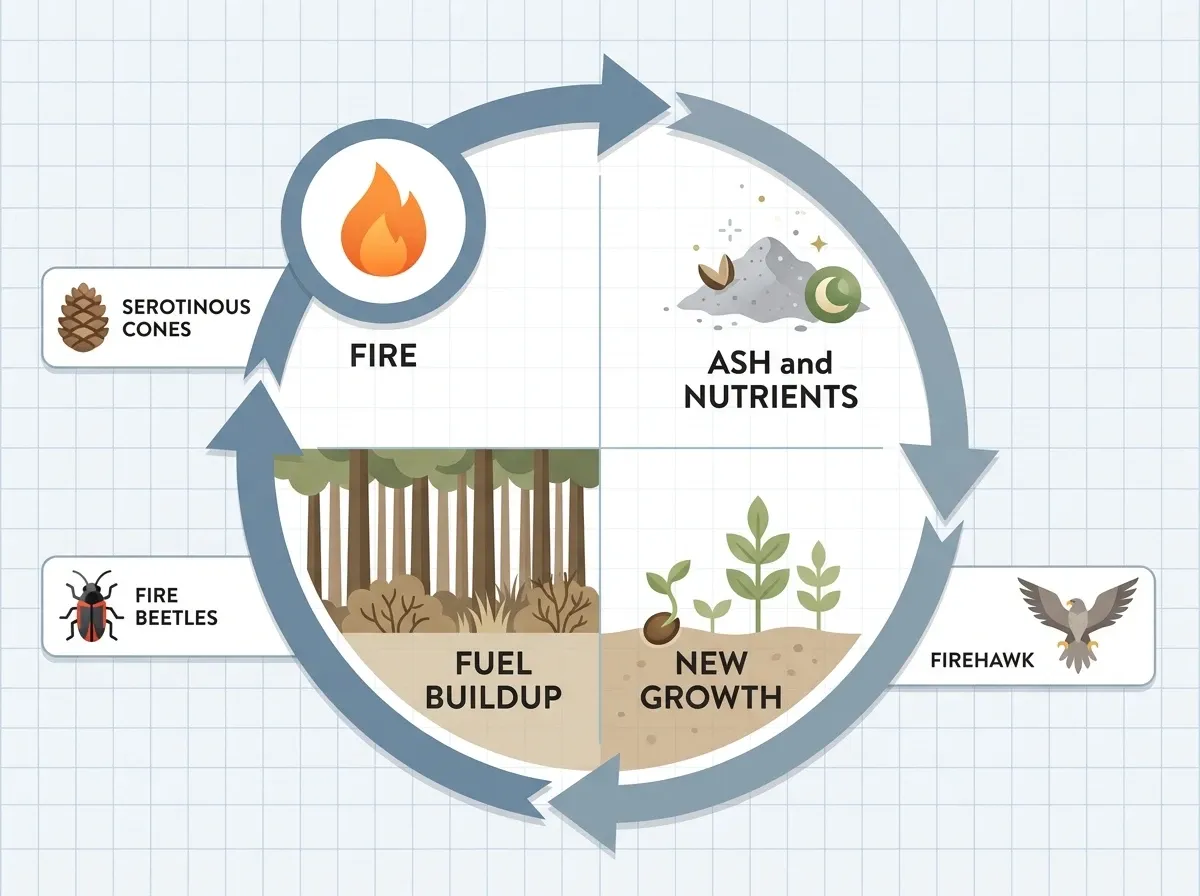 A circular diagram showing fire, then ash and nutrient release, then new growth and seed germination, then vegetation accumulating fuel, then the next fire — with side callouts showing serotinous cones, fire beetles, and firehawk raptors
