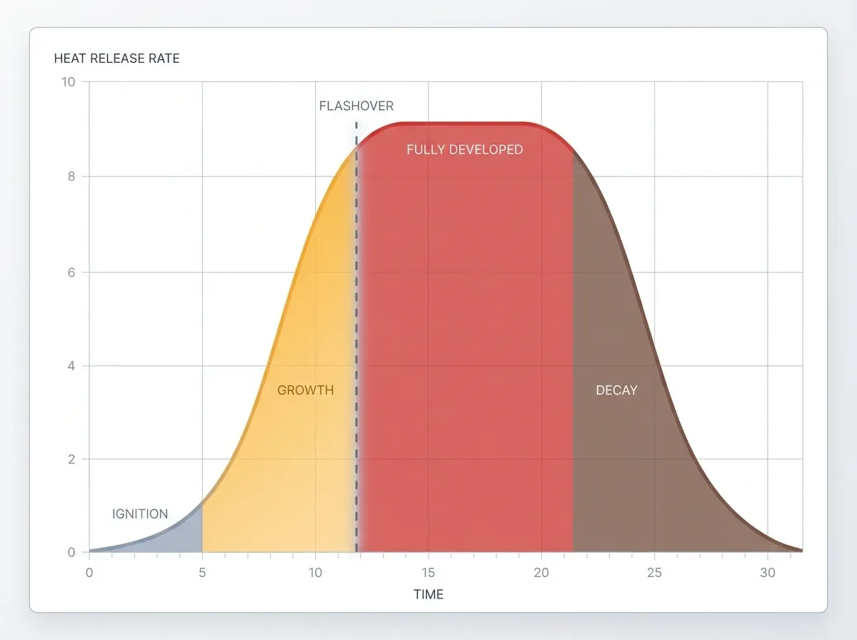 A bell-shaped curve showing fire intensity over time with four labeled phases — ignition, growth, fully developed, and decay — and a dashed line marking the flashover transition between growth and fully developed