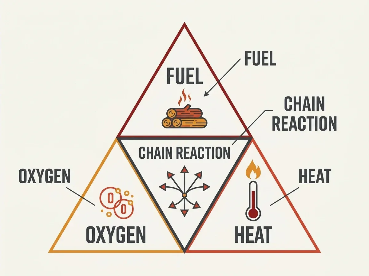 A three-dimensional four-sided pyramid with faces labeled fuel, oxygen, heat, and chemical chain reaction, showing how all four elements touch each other