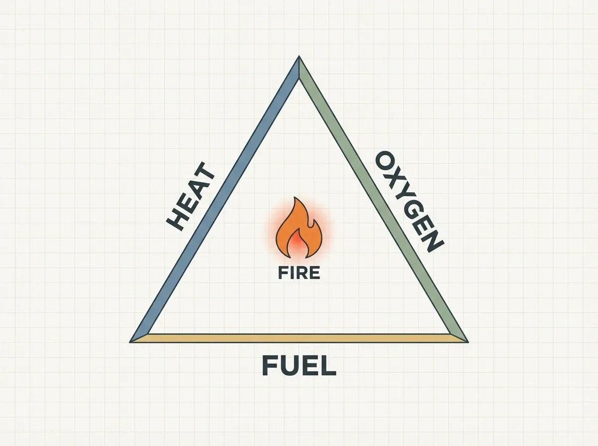 An equilateral triangle with each side labeled fuel, oxygen, and heat, meeting at the word FIRE in the center