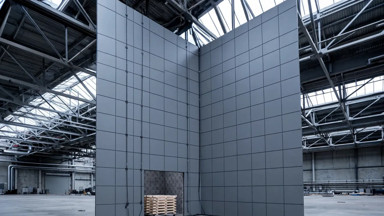 A full-scale facade fire test rig in a bright laboratory hall: two tall walls clad in grey composite panels meet in a corner, with a square combustion chamber at the foot of the left wall holding a crossed stack of timber sticks.