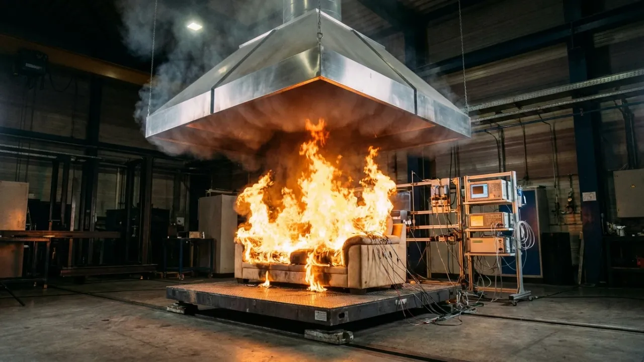 A sofa fully engulfed in flames on a weighing platform beneath the stainless-steel exhaust hood of a furniture calorimeter in a fire research laboratory, with gas analyser racks beside it — the setup that measures the heat release rate of burning objects.
