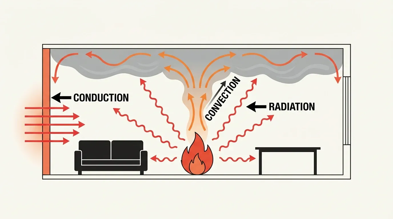 Diagram showing the three heat transfer mechanisms in a room fire — conduction through walls, convective plume rising to the ceiling and spreading as a ceiling jet, and radiative heat flux arrows from the fire and hot gas layer to surrounding surfaces