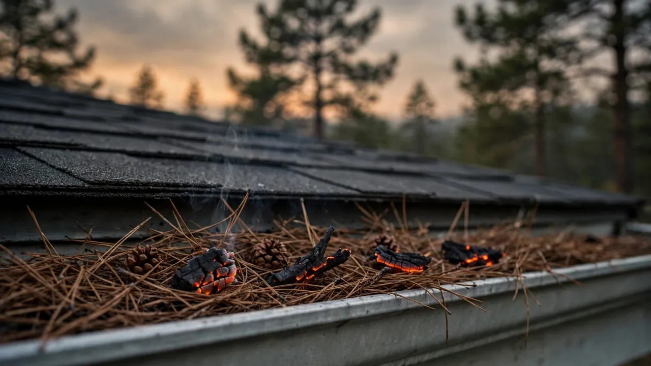 A metal roof gutter packed with dry pine needles and cones, where four charred, glowing pieces of bark smoulder and a thin wisp of smoke rises, with pine trees and a dusk sky behind.
