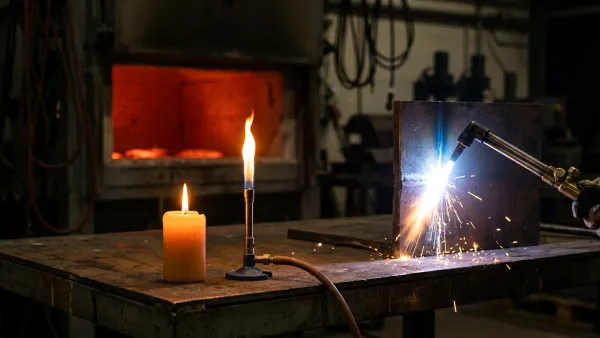 A dark workshop bench with three flames side by side: a soft orange candle, a steady laboratory burner flame, and an intense blue-white oxy-acetylene torch cutting steel with sparks, while a furnace glows deep orange behind them — one scene spanning the whole ladder of flame temperature.