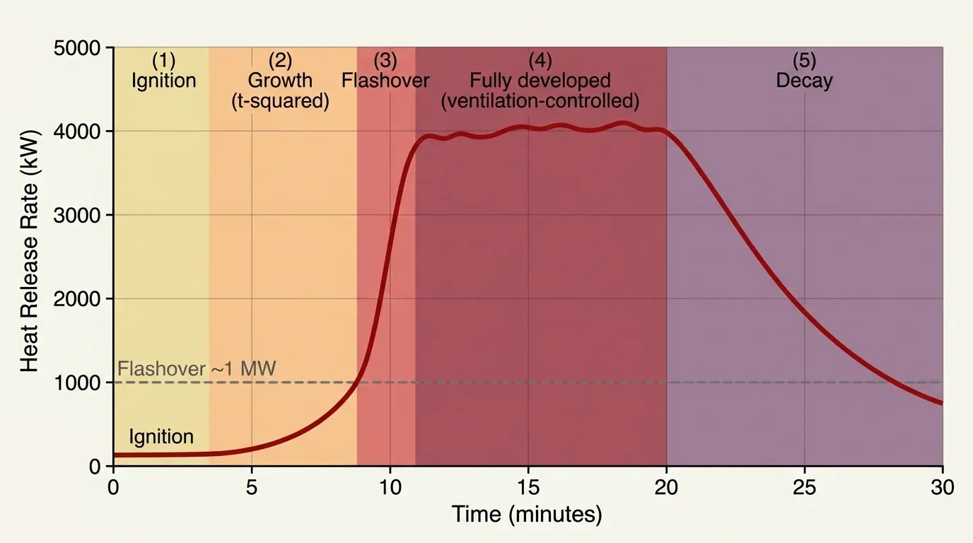 HRR curve of a typical room fire showing the four stages — ignition, t-squared growth phase, flashover transition at approximately 1 MW, fully developed ventilation-controlled phase, and decay