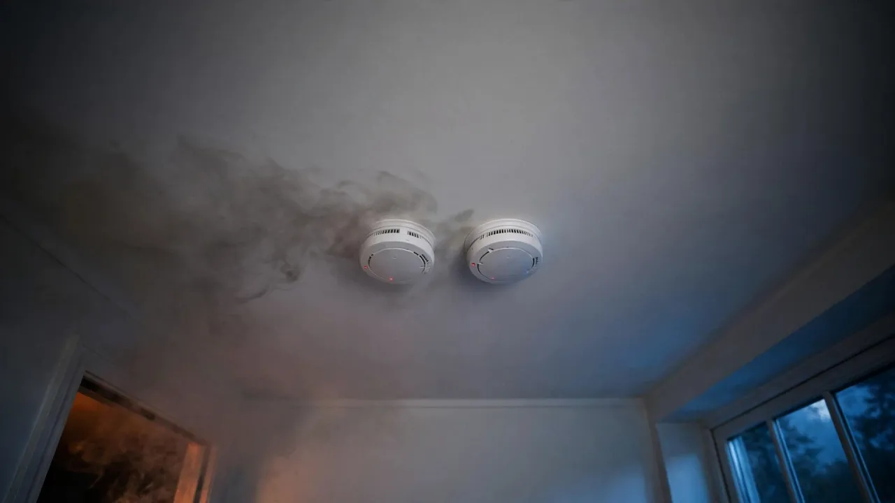 Two round white smoke alarms mounted side by side on a hallway ceiling at night, with grey smoke drifting toward them from a doorway lit by a faint orange glow and a moonlit window at the right