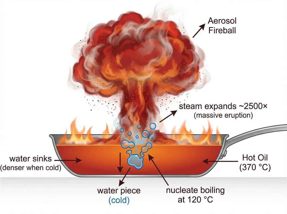 Cross-sectional schematic of thin-layer boilover in a kitchen fire — cold water sinks through burning oil at 370 °C, triggers nucleate boiling at 120 °C, and erupts into a mushroom-shaped aerosol fireball as steam expands roughly 2,500 times
