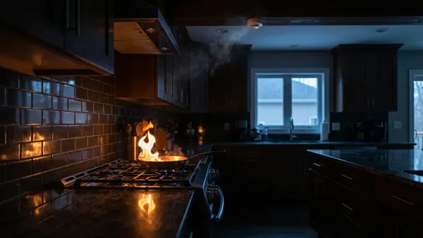 A modern home kitchen at twilight with a small contained kitchen fire burning in a stainless steel frying pan, flame reflecting off tiled backsplash and granite countertop, smoke drifting toward a ceiling-mounted photoelectric alarm