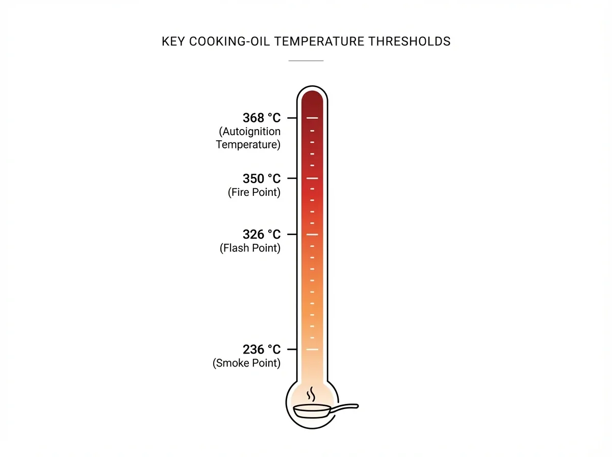 Thermometer diagram showing the four temperature thresholds that define every kitchen fire: smoke point at 236 °C, flash point at 326 °C, fire point at 350 °C, and autoignition at 368 °C