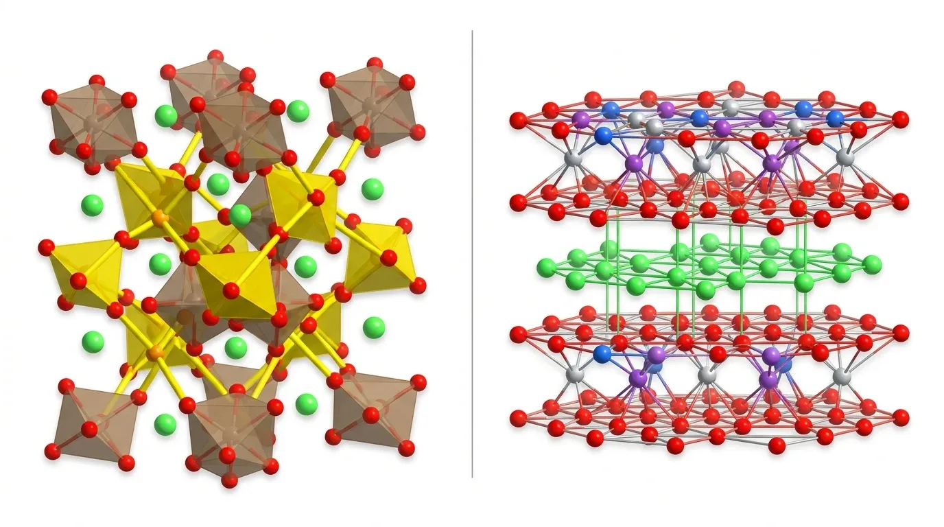 Side-by-side technical materials-science infographic comparing the two lithium-ion cathode crystal structures behind LFP and NMC — left panel shows the orthorhombic olivine LiFePO₄ framework (space group Pnma) as a rigid three-dimensional ball-and-stick lattice with brown semi-transparent FeO₆ octahedra interlocked through prominent yellow PO₄ tetrahedra, small green lithium atoms in the channels and red oxygen atoms locked inside the phosphate cages; right panel shows the layered LiNiₓMnᵧCo_zO₂ structure (rhombohedral R-3m) as flat alternating planes stacked vertically — a red oxygen close-packed sheet, a green lithium plane, another oxygen sheet, then a transition-metal layer of mixed silver Ni, purple Mn and blue Co atoms, repeating in ABCABC stacking