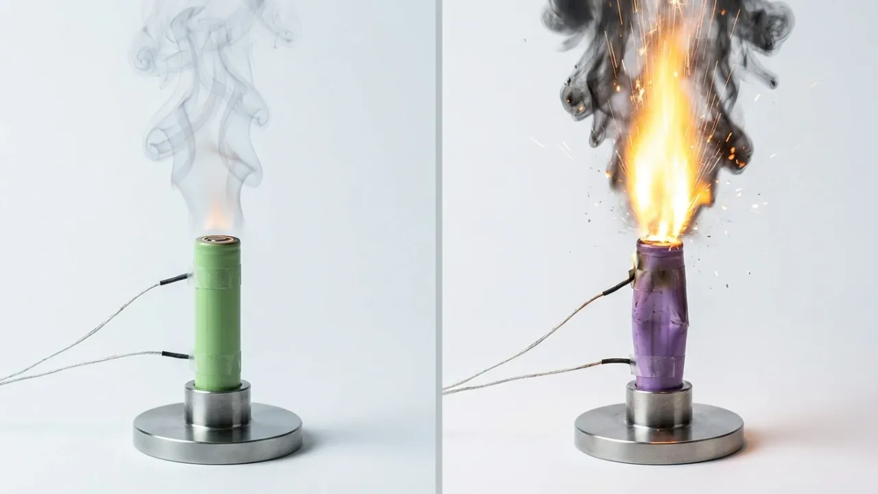 Side-by-side fire-safety laboratory thermal-runaway test on a clean white background — left: a single cylindrical green LFP 18650 cell on a stainless-steel rig venting a slow controlled plume of pale grey smoke from its scored positive vent with only a small dim flame, instrumented with thin K-type thermocouple wires; right: an identical purple-cased high-nickel NMC 18650 cell undergoing violent thermal runaway, ejecting a powerful directional jet of bright yellow-orange flame and white-hot sparks straight upward inside a turbulent black-edged smoke plume, casing visibly bulging
