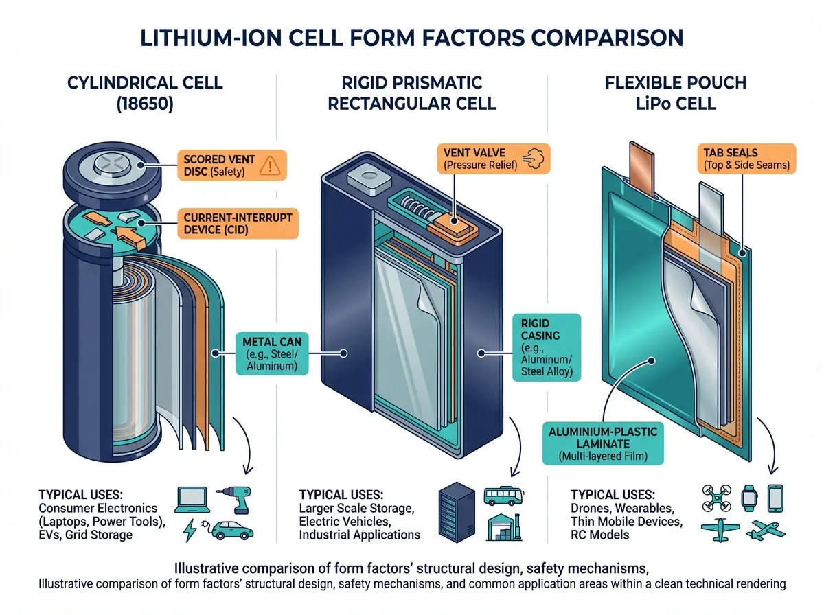 Side-by-side technical infographic comparing the three lithium-ion cell form factors — a cylindrical 18650 with scored vent disc and current-interrupt device, a rigid prismatic rectangular cell with vent valve, and a flexible pouch LiPo battery with aluminium-plastic laminate and tab seals — each labeled with casing material and typical applications