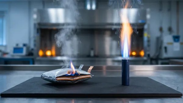 Side-by-side fire-safety laboratory test showing a swollen LiPo battery pouch cell on the left with bulging aluminium-plastic laminate and exposed jellyroll layers, next to a vented 18650 cylindrical lithium-ion cell on the right emitting a bright directional jet flame from its scored positive-terminal vent