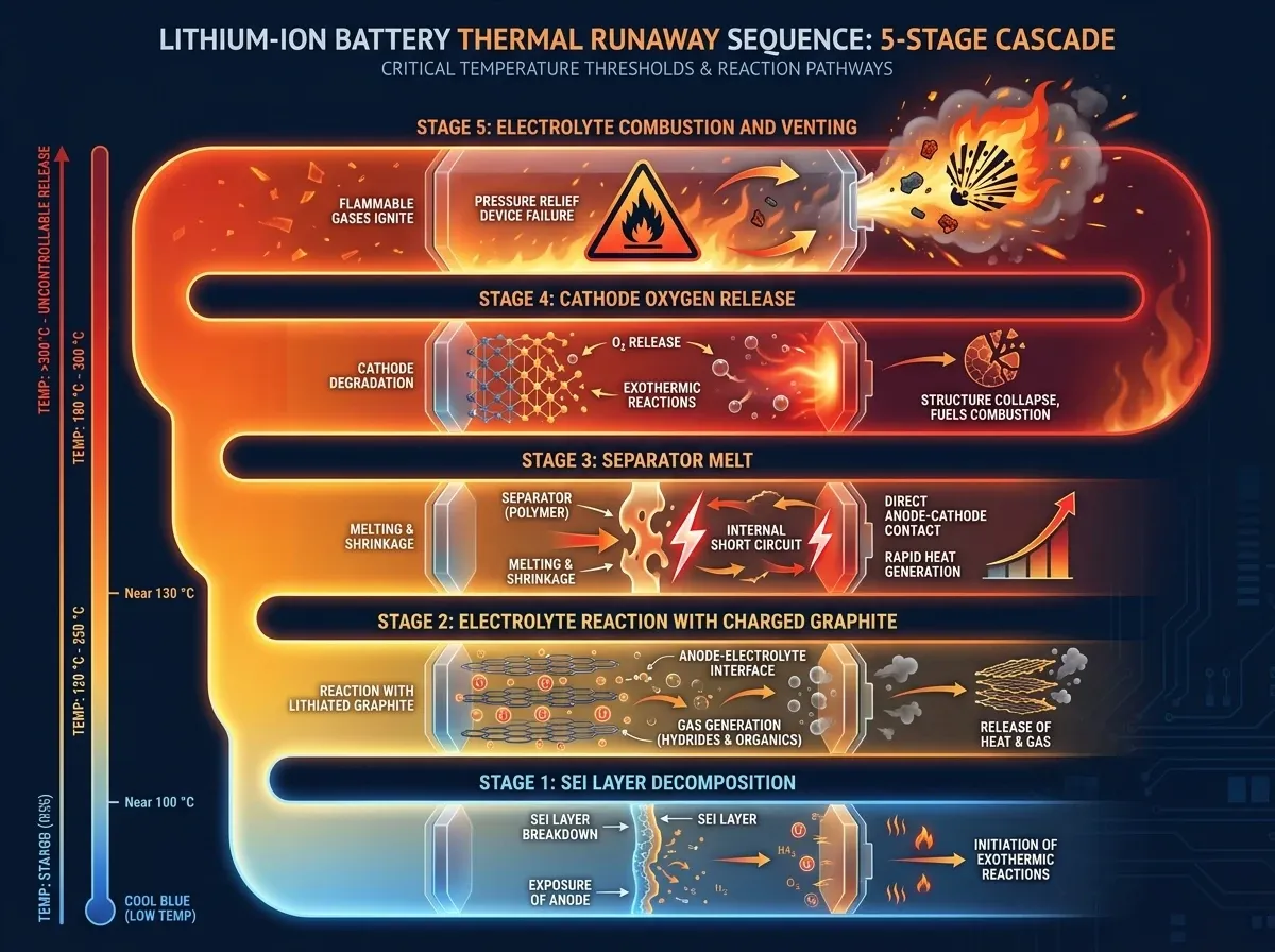 Vertical cascade diagram of the five-stage thermal runaway sequence inside a lithium-ion battery cell: SEI layer decomposition near 100 °C, electrolyte reaction with charged graphite at 120 to 250 °C, separator melt near 130 °C triggering an internal short circuit, cathode oxygen release at 180 to 300 °C, and final electrolyte combustion and venting, shown on a rising blue-to-orange temperature gradient