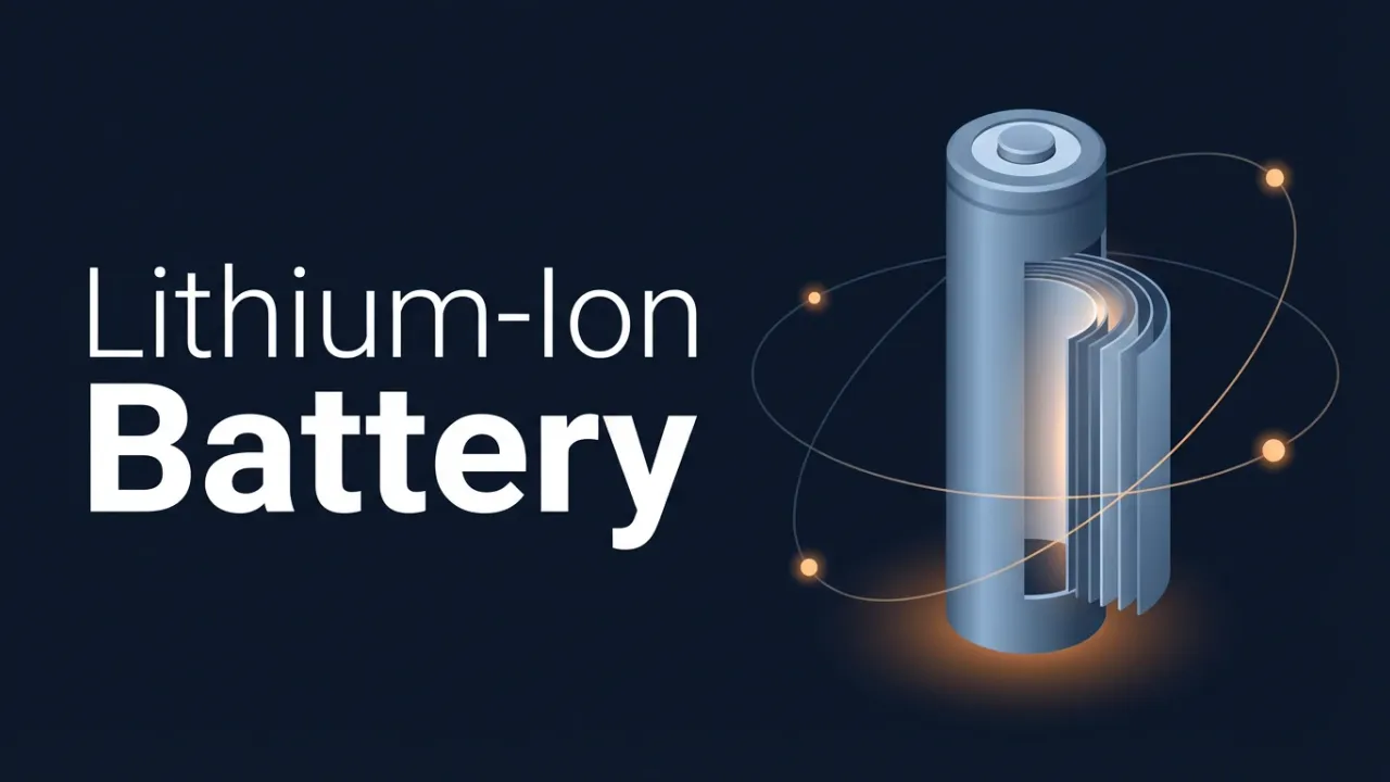 Cutaway of a cylindrical lithium-ion battery showing cathode, anode, separator, and electrolyte with ions flowing between electrodes