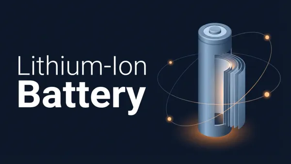 Cutaway of a cylindrical lithium-ion battery showing cathode, anode, separator, and electrolyte with ions flowing between electrodes