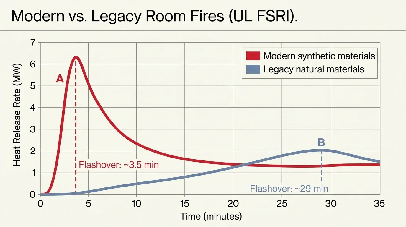 Side-by-side HRR comparison curves from UL FSRI experiments — modern furnished room reaching flashover at 3.5 minutes with peak HRR exceeding 6 MW, versus legacy furnished room reaching flashover at 29 minutes with lower peak HRR