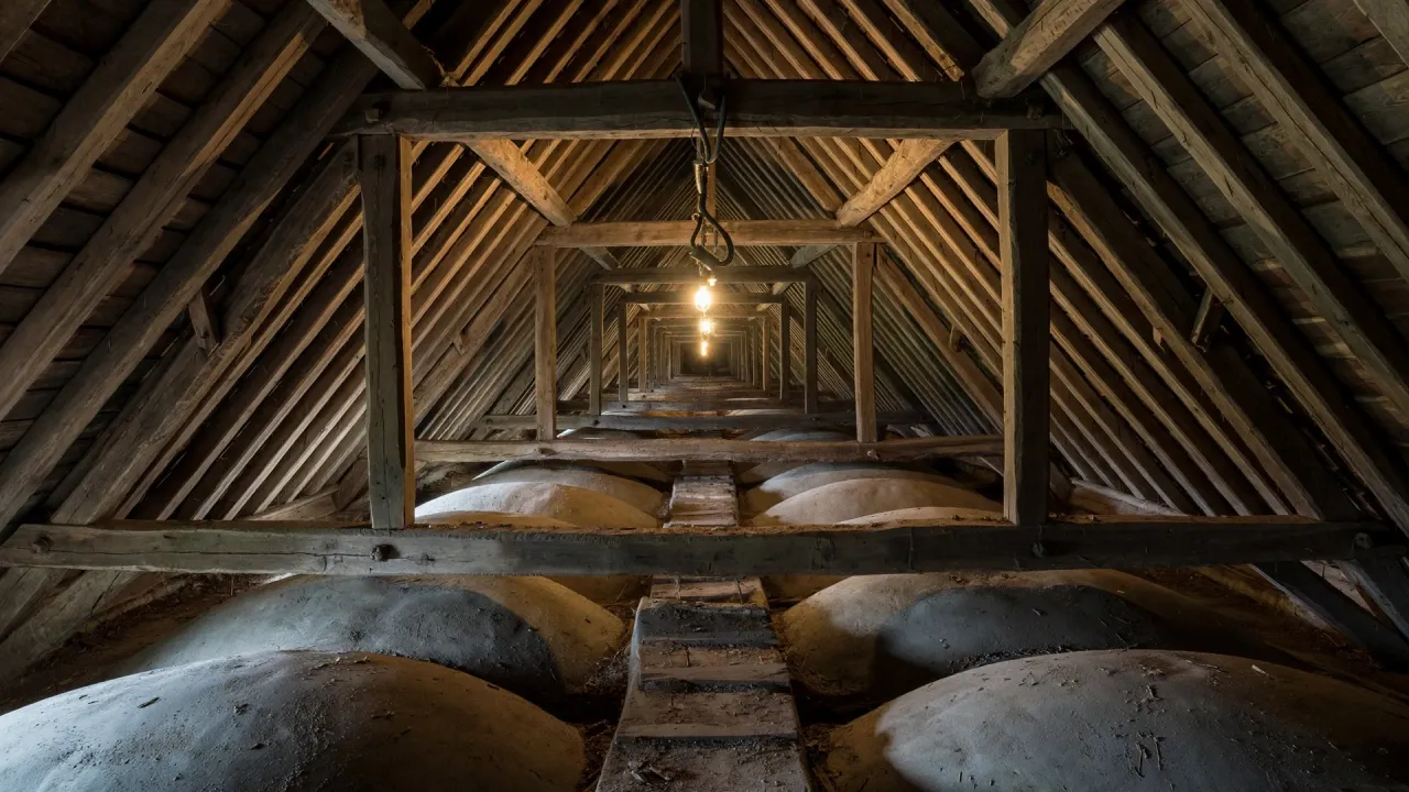A long, dim medieval oak roof attic seen down its length: steep rafters and heavy trusses form a timber tunnel over the rounded, dusty stone backs of the vaults, with a plank walkway down the middle and work lamps hanging from the beams.