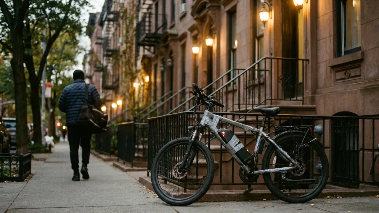 Wide overhead photograph at dusk of a low-rise New York City brownstone vestibule with a beat-up delivery e-bike leaning against the iron handrail of the front stoop; a single bright orange ember glows on the taped-up battery casing while a delivery rider in a quilted jacket walks past on the sidewalk — calm, unstaged street-level framing showing exactly where lithium-ion battery fires actually start, in residential entryways and stairwells of low-rise New York City buildings rather than open garages