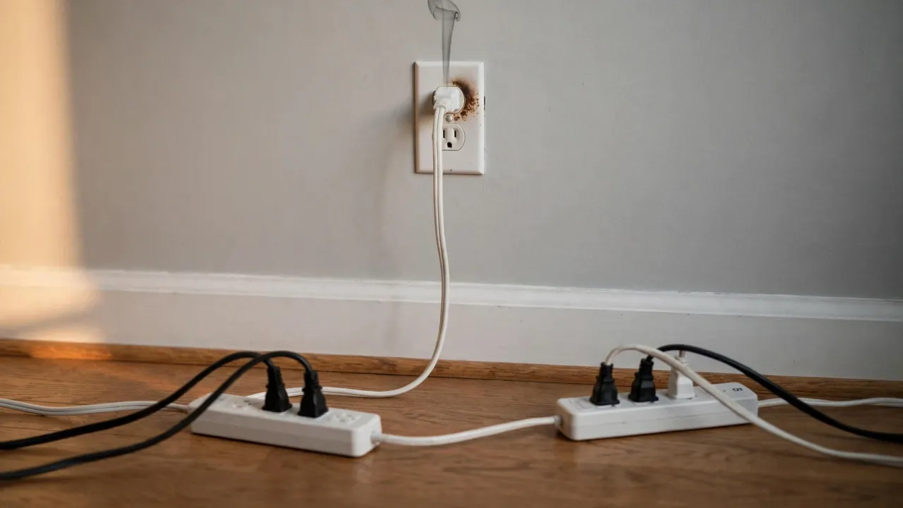 A white wall outlet on a grey wall, its cover plate scorched brown around the upper socket, where a wisp of smoke rises from a plug. The cord drops to an oak floor near two white power strips joined by a short cord.