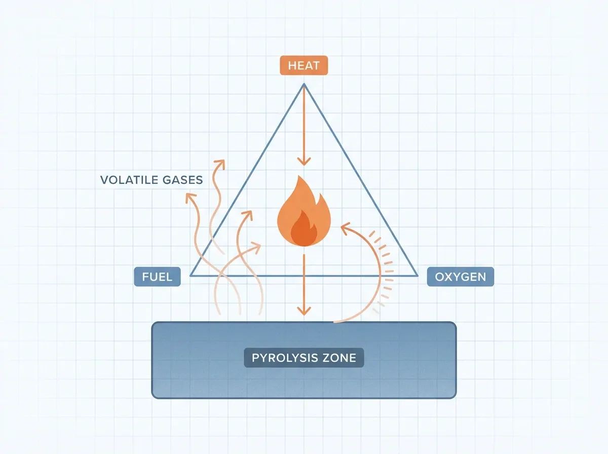 A diagram showing the classic fire triangle of heat, oxygen, and fuel, with an additional loop — an arrow from Heat to a solid material labeled Pyrolysis Zone, then an arrow from the pyrolysis zone releasing Volatile Gases that feed into the Fuel vertex, with a flame at the triangle center radiating heat back to the pyrolysis zone — illustrating the self-sustaining feedback loop