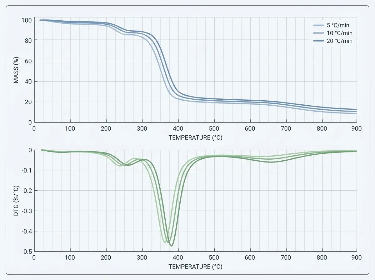 A TGA/DTG plot for a typical biomass sample showing an initial plateau, then three overlapping mass-loss regions — a hemicellulose shoulder at 220–315 °C, a steep cellulose drop at 315–400 °C, and a long gradual lignin tail extending to 900 °C — with curves at three heating rates shifting to higher temperatures as the heating rate increases