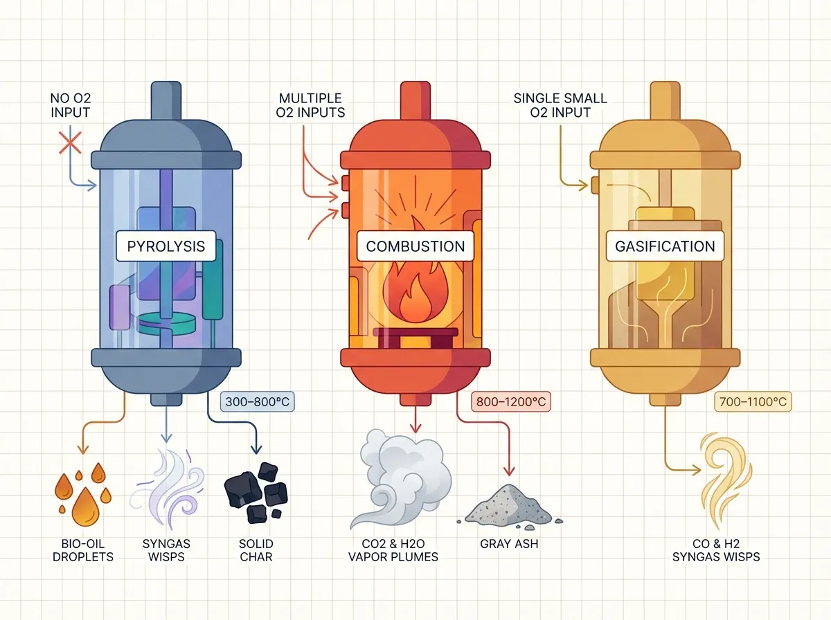 A side-by-side comparison showing three reactor vessels — pyrolysis (no O₂ input, outputs bio-oil, syngas, and char), combustion (excess O₂, outputs CO₂, H₂O, ash), and gasification (limited O₂, outputs primarily CO and H₂ syngas) — with temperature ranges annotated for each process