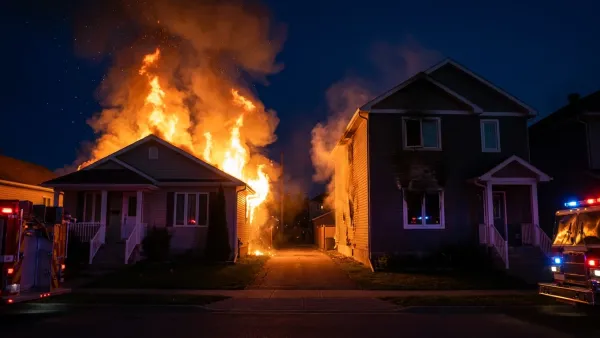 Night scene of a fully involved house fire beside a narrow gap, its radiant heat scorching the dark facade of the neighbouring home while fire trucks stand by on the street.
