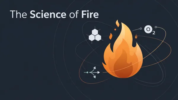 The science of fire visualized — the fire tetrahedron showing fuel, oxygen, heat, and chain reaction with molecular structures and flame dynamics
