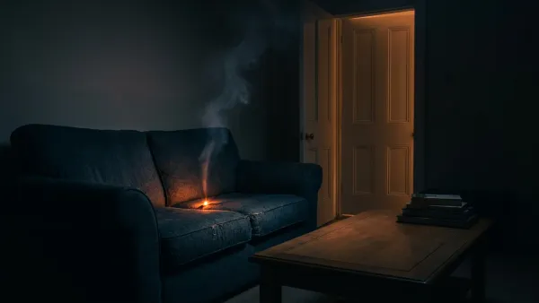 A dark living room late at night: a small orange ember smolders between the cushions of a fabric sofa with a thin ribbon of smoke rising, no open flame, and a softly lit doorway to a bedroom beyond — the start of a fatal smoldering fire.
