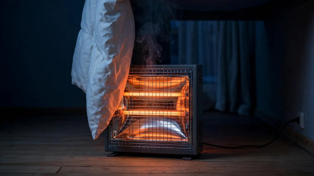 A white duvet hangs down against the left side of a radiant space heater in a dark bedroom. Two quartz tubes glow orange behind the wire grille, grey smoke rises above the heater, and its cord runs to a wall outlet.