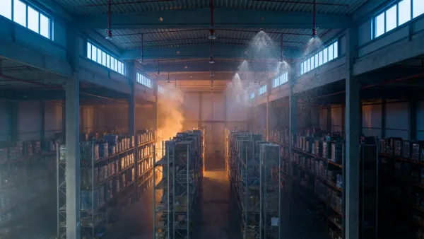 A modern high-bay warehouse at twilight with ESFR sprinkler heads spraying mist over pallet racking — the setting where every sprinkler design mistake eventually plays out