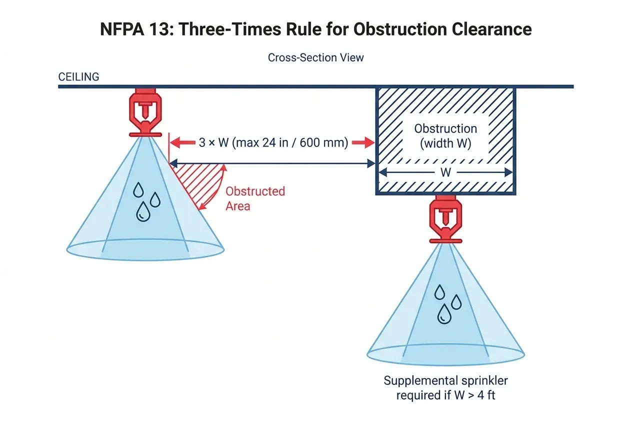 Three-times-rule diagram for sprinkler design — a ceiling sprinkler placed three times the obstruction width away from a beam, with a supplemental head required beneath any obstruction wider than 4 feet