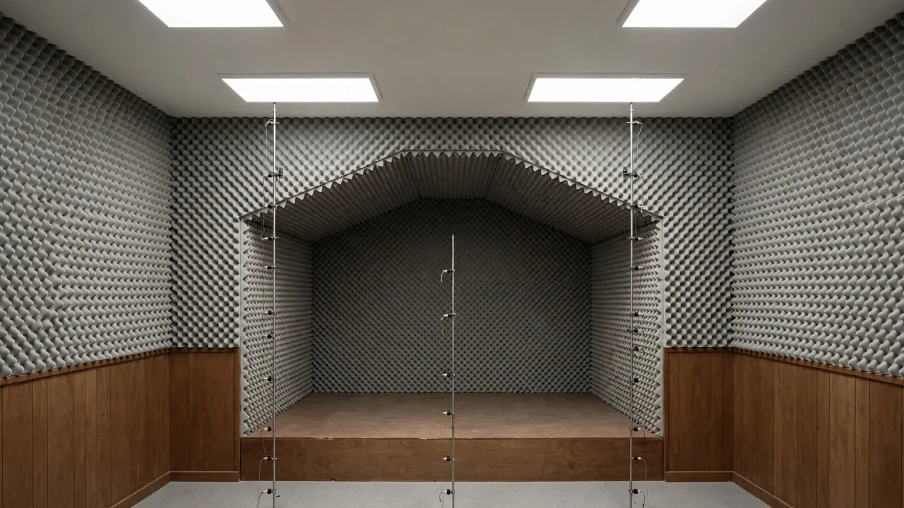 A test room built like a small nightclub stage: a low wooden platform in front of a recessed alcove, with grey egg-crate acoustic foam on the alcove and upper walls above brown wood paneling, and three thin instrument poles on the empty floor.